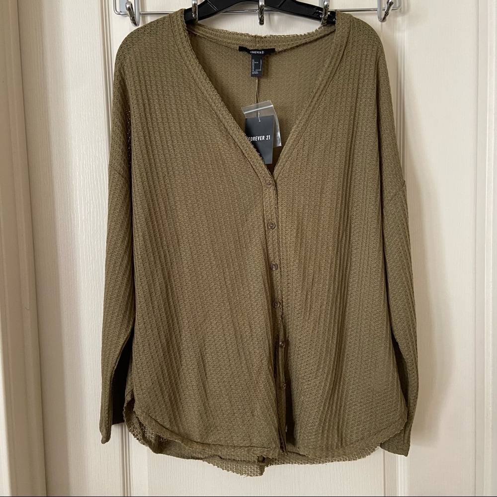 NWT Forever 21 Long Sleeve Olive Green Waffle Knit Cardigan